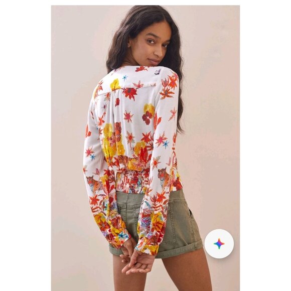 Michelle Morin For Anthropologie Blouse Sz M Floral Tiger Print Wrap Tie Waist - Picture 3 of 14